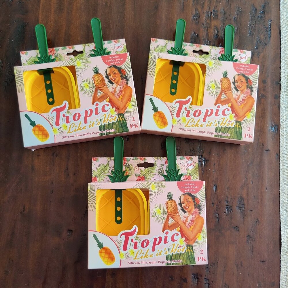 3 pks Silicone Pineapple Popsicle Mold Tropic Like It's Hot Molds Sticks & Lids